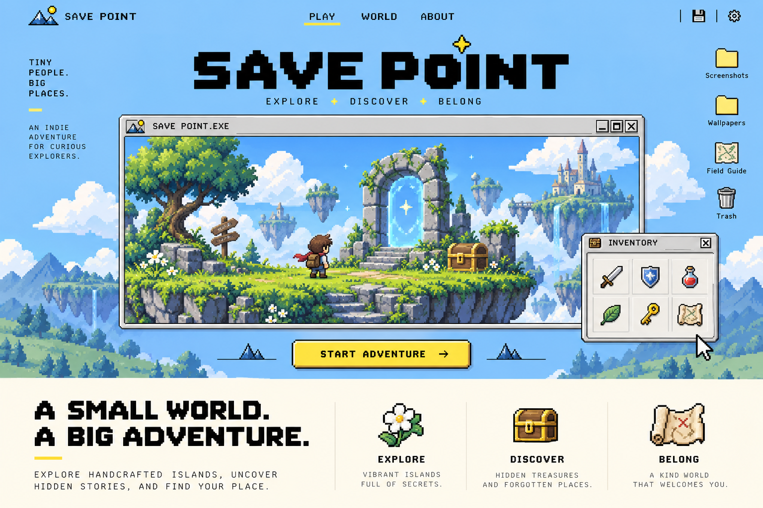 Save Point — концепция сайта игры с пиксельной графикой и ретроинтерфейсом